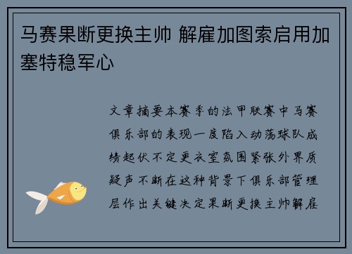 马赛果断更换主帅 解雇加图索启用加塞特稳军心