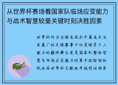 从世界杯赛场看国家队临场应变能力与战术智慧较量关键时刻决胜因素