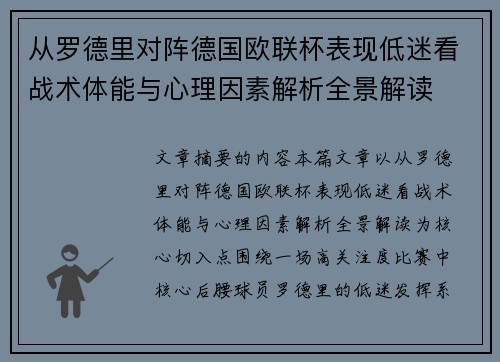 从罗德里对阵德国欧联杯表现低迷看战术体能与心理因素解析全景解读