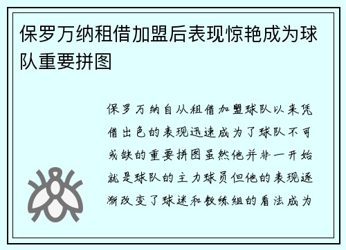 保罗万纳租借加盟后表现惊艳成为球队重要拼图
